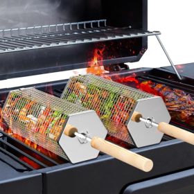 Rolling Grill Basket, BBQ Grilling Accessory For Camping & Outdoor Cooking (Option: Silver)