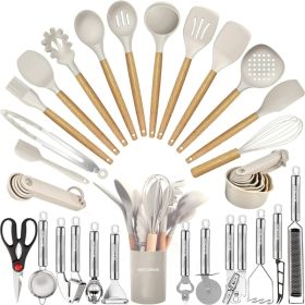 35 PCs Cooking Utensils With Grater,Tongs, Spoon Spatula  Turner Made Of Heat Resistant Food Grade Silicone And Wooden Handles (Option: Beige)